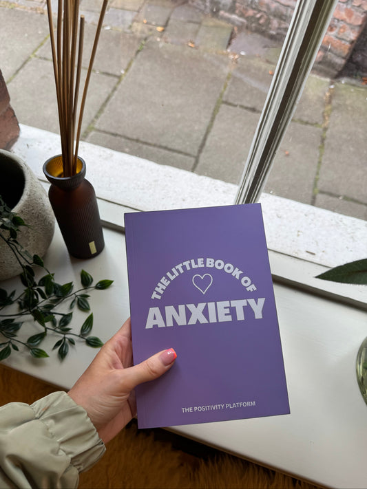 Purple book titled 'The Little Book of The Little Book of Anxiety' held by a hand on a table with decor items.